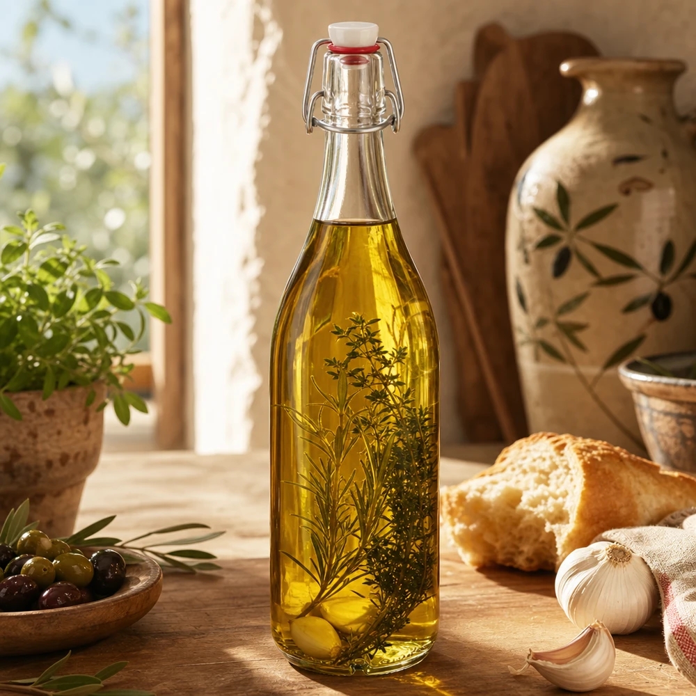 Bottiglia di vetro da 1000ml + piano oscillante in porcellana UN. Glasflasche 1000ml mit Kräuteröl befüllt zeigt vielseitige Verwendung für Küche und Aufbewahrung