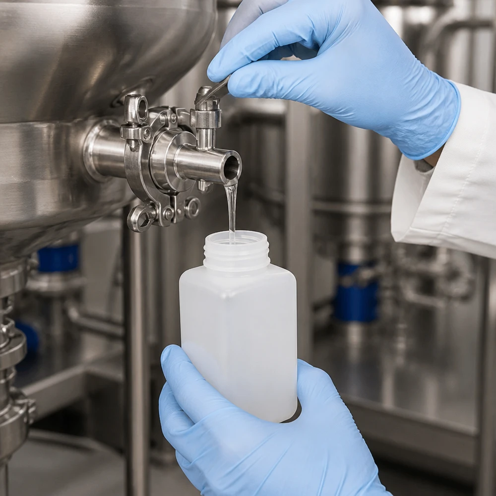 Flacon robuste à col large en PE-HD, 1 000 ml, couleur naturelle, destiné au prélèvement d'échantillons dans un environnement de production pharmaceutique