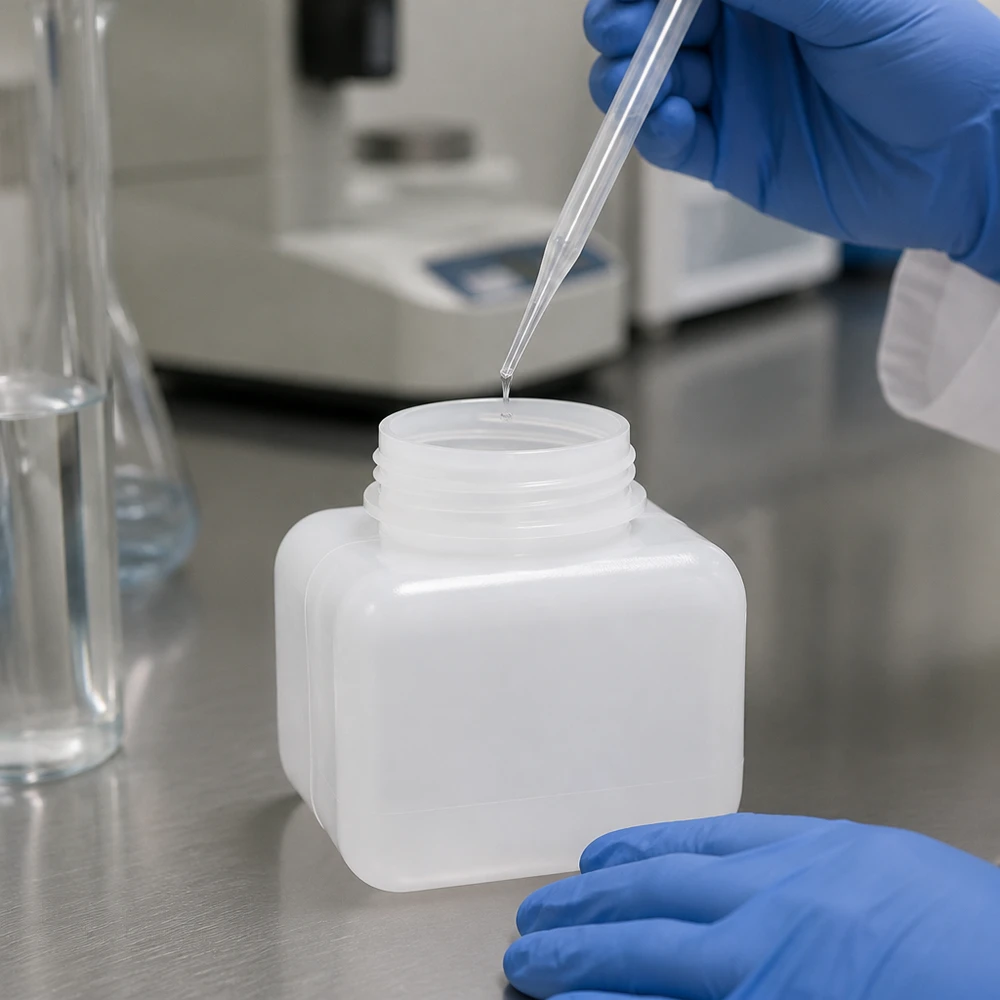 Manipulation en toute sécurité de produits chimiques dans un flacon à col large en PE-HD de 250 ml, avec des gants de protection