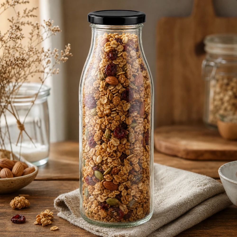 Bottiglia di vetro da 500 ml + coperchio BasicSeal nero UN... 500ml Glasflasche mit schwarzem Deckel gefüllt mit Müsli und Nüssen auf Holztisch rustikale Küchendeko