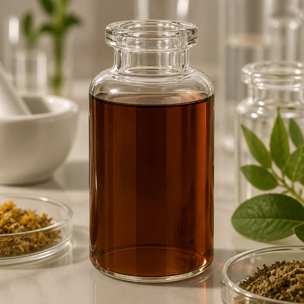 Flacone per iniezione in vetro trasparente 30ml Injektionsflasche Klarglas 30ml mit dunkelbraunem Pflanzenextrakt in botanischer Laborszene
