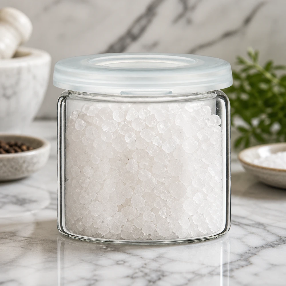 Idea barattolo per spezie: barattolo per compresse da 5ml (barattolo con bordo arrotolato) in vetro trasparente Piccolo barattolo di vetro con granuli di sale e tappo in plastica bianco opaco