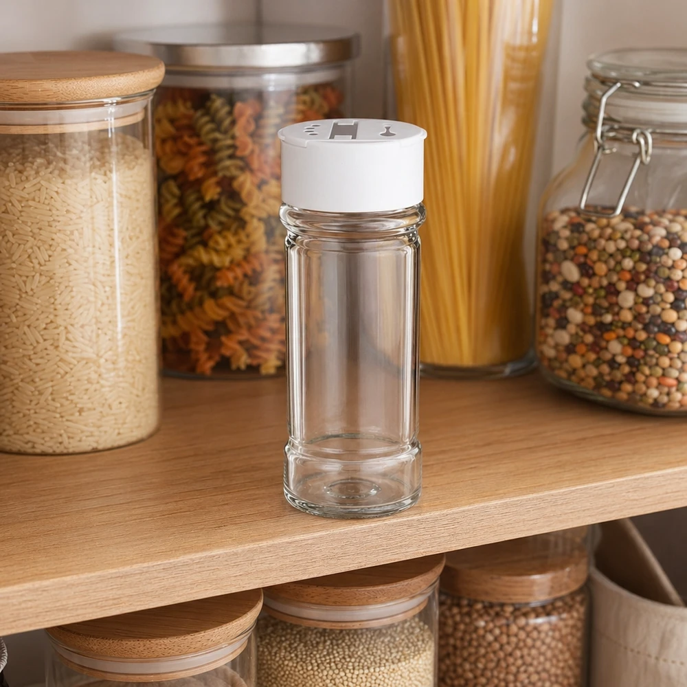 Pot à sel/épices 100 ml avec double saupoudreuse, blanc Zylindrisches Vorratsglas 100ml mit weißem Streuerdeckel ideal für Salz und Gewürze