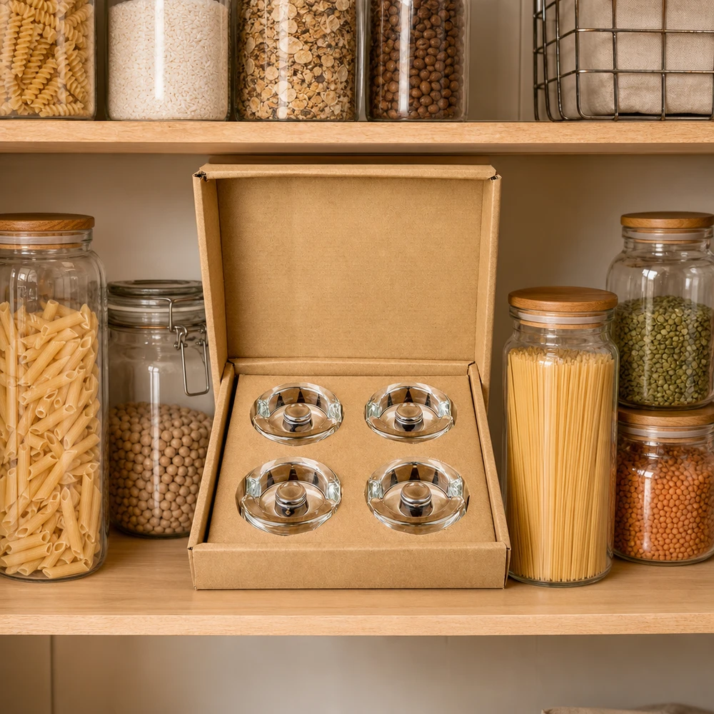 Set di 4 pesi per vasi da fermentazione UNiTWIST in rack di stoccaggio tra vasi da conserva con pasta e legumi