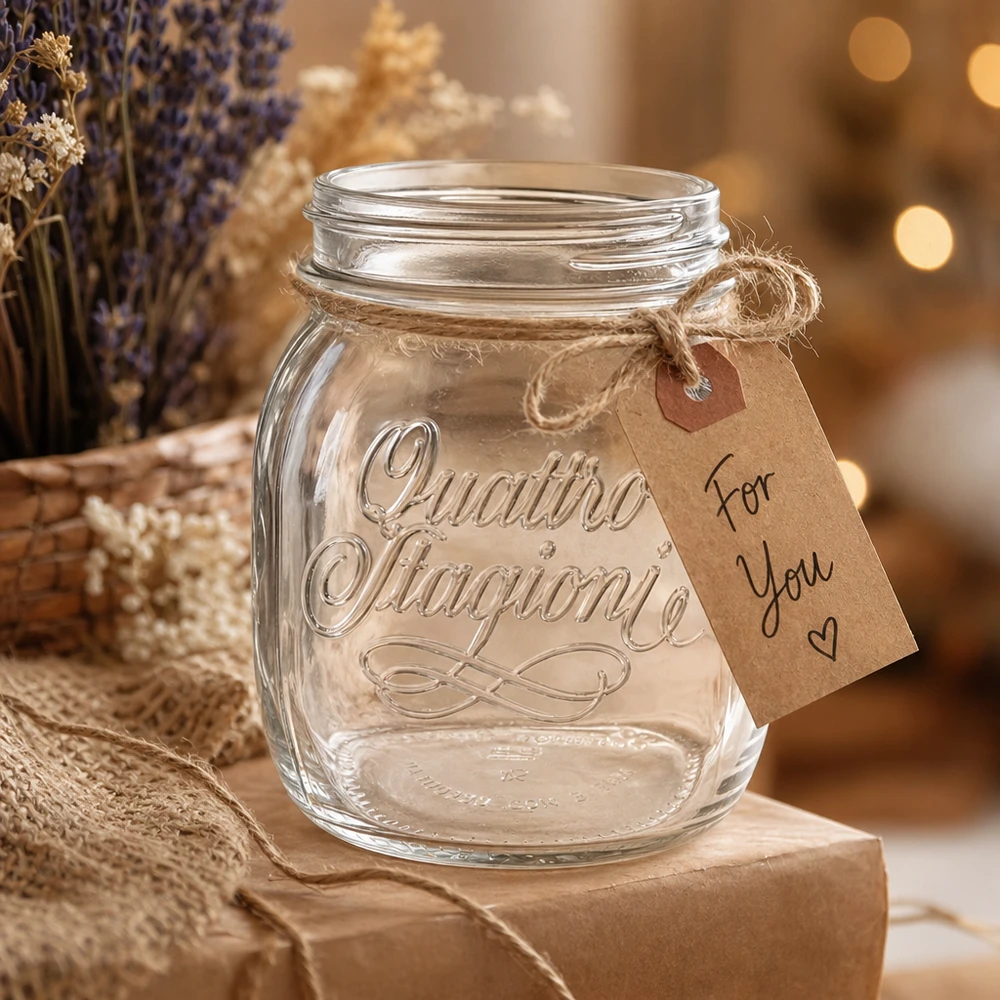 Bicchiere da 700 ml Quattro Stagioni con etichetta regalo su un tavolo di legno rustico con decorazioni alla lavanda