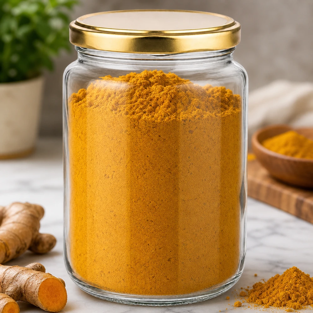 Barattolo rotondo da 795 ml con coperchio dorato UNiTWIST riempito con curcuma in polvere per conservare le spezie in cucina