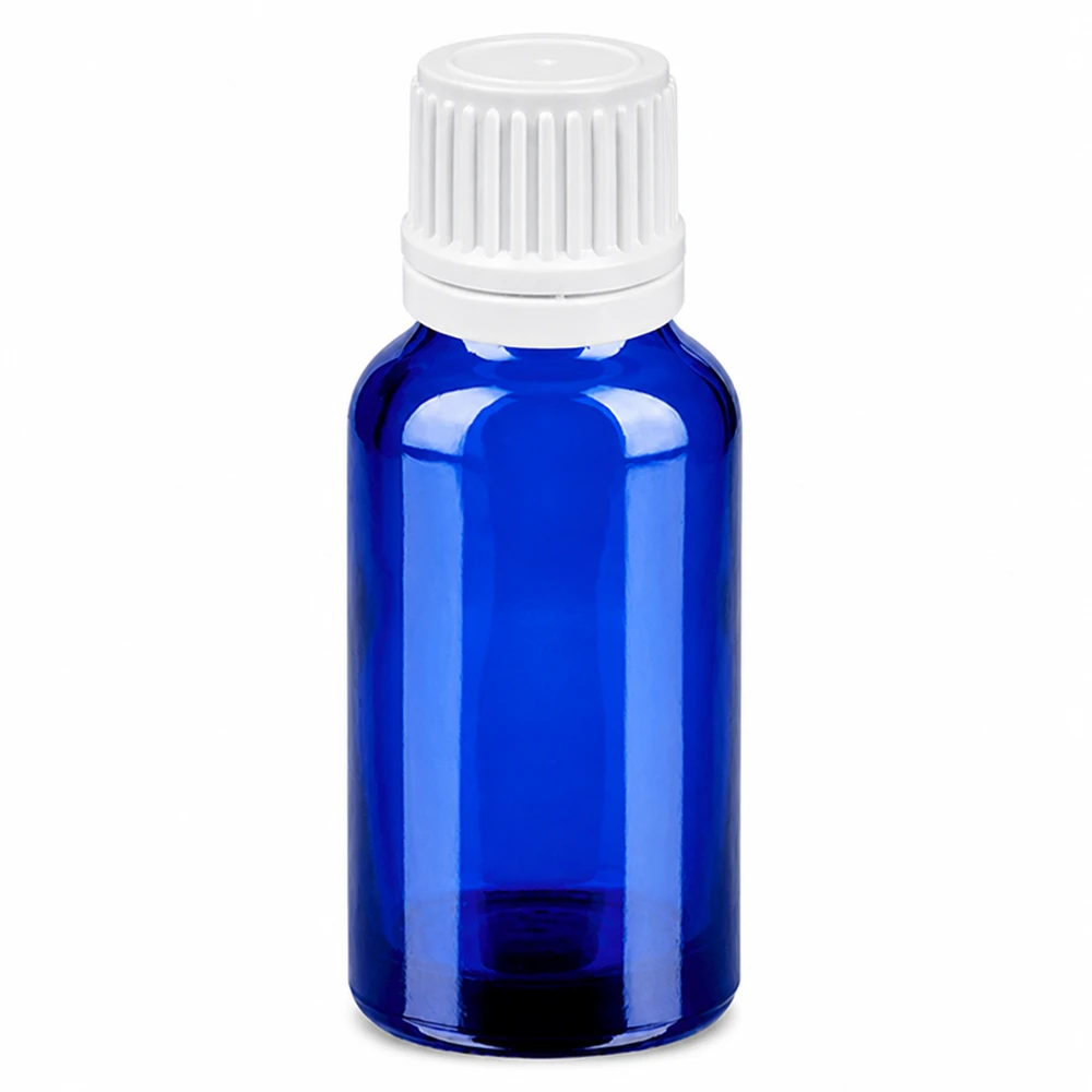 Flacone contagocce da 20 ml in vetro blu con tappo bianco per un dosaggio preciso