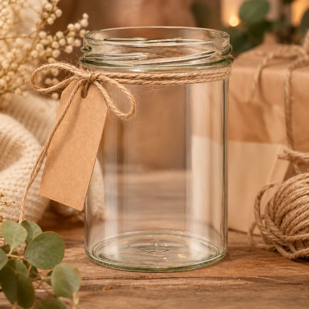 UNiTWIST Sturz435 Einmachglas 435ml dekorativ mit Juteschnur und Geschenkanhänger auf rustikalem Holztisch