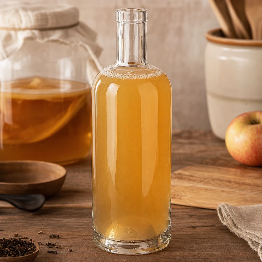 Bottiglia di vetro da 750 ml Emma riempita di aceto di sidro di mele in una cucina rustica accanto a mele e utensili da cucina su una tavola di legno