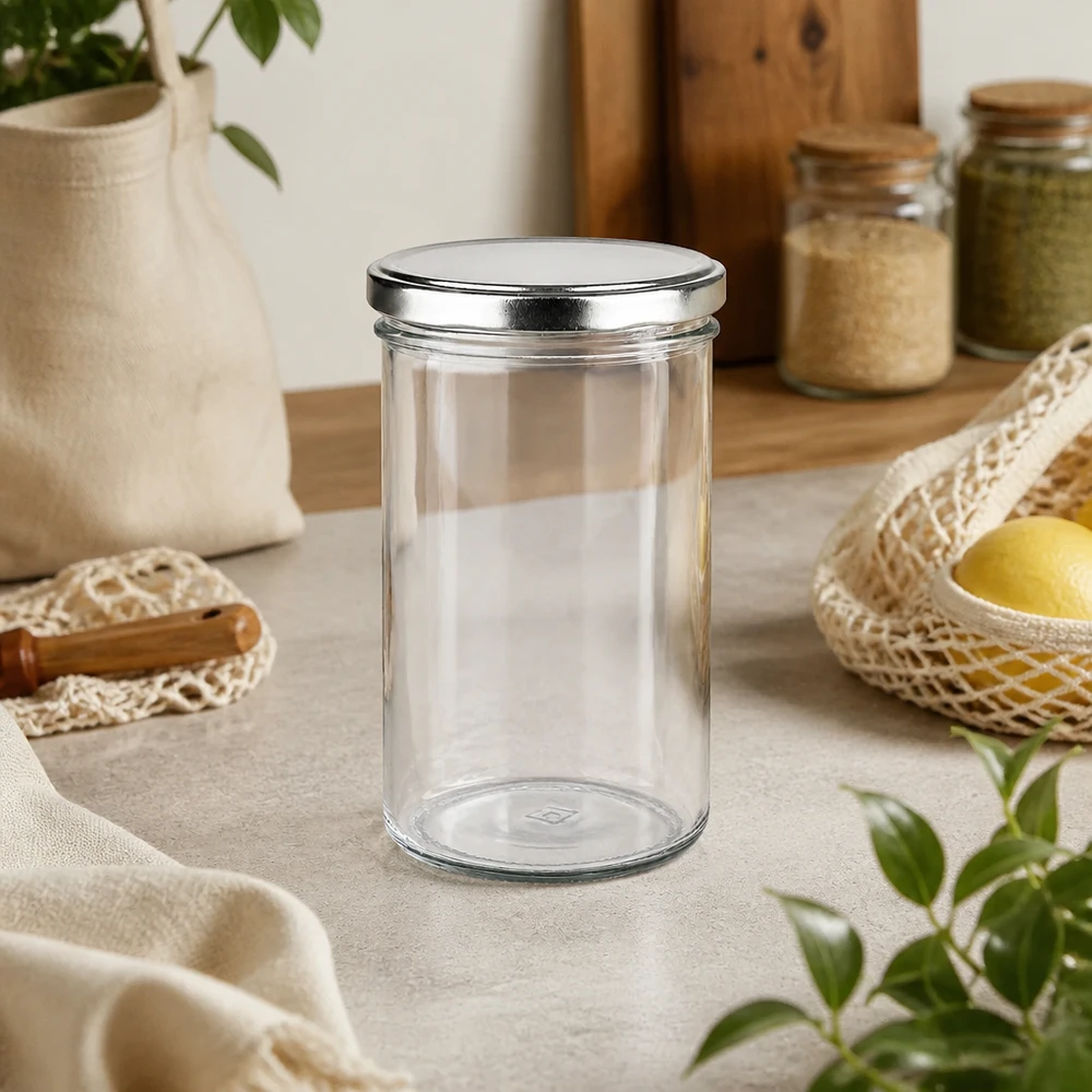 Bicchieri da 277 ml con coperchio BasicSeal argento nella cucina sostenibile a rifiuti zero, accanto a cestini e barattoli per la conservazione