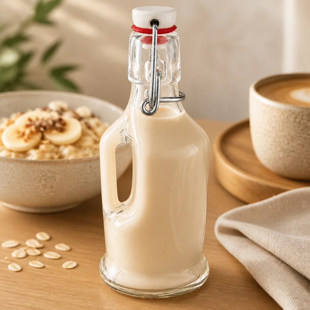 Bottiglia in vetro da 200 ml Bertha con tappo a clip in PVC UNiTWIST® Glasflasche Bertha 200ml mit cremiger Hafermilch befüllt, Bügelverschluss UNiTWIST, Frühstücksszene mit Müsli und Kaffee