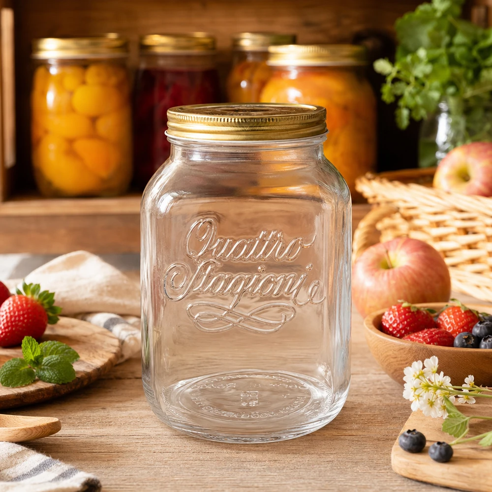 3000ml Rundglas "Quattro Stagioni" mit Deckel 3000ml Quattro Stagioni Einmachglas in rustikaler Küche mit frischen Früchten und Konserven im Hintergrund