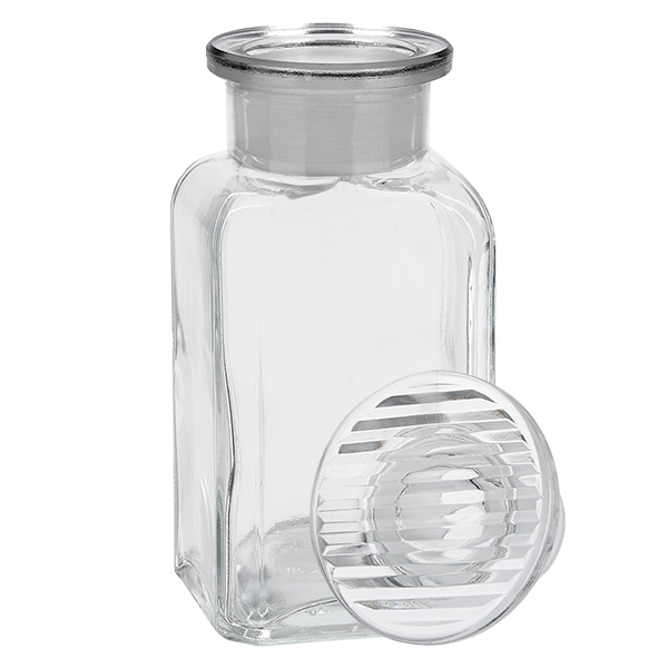 Vierkantflasche 100ml klar Weithals Glasstopfen