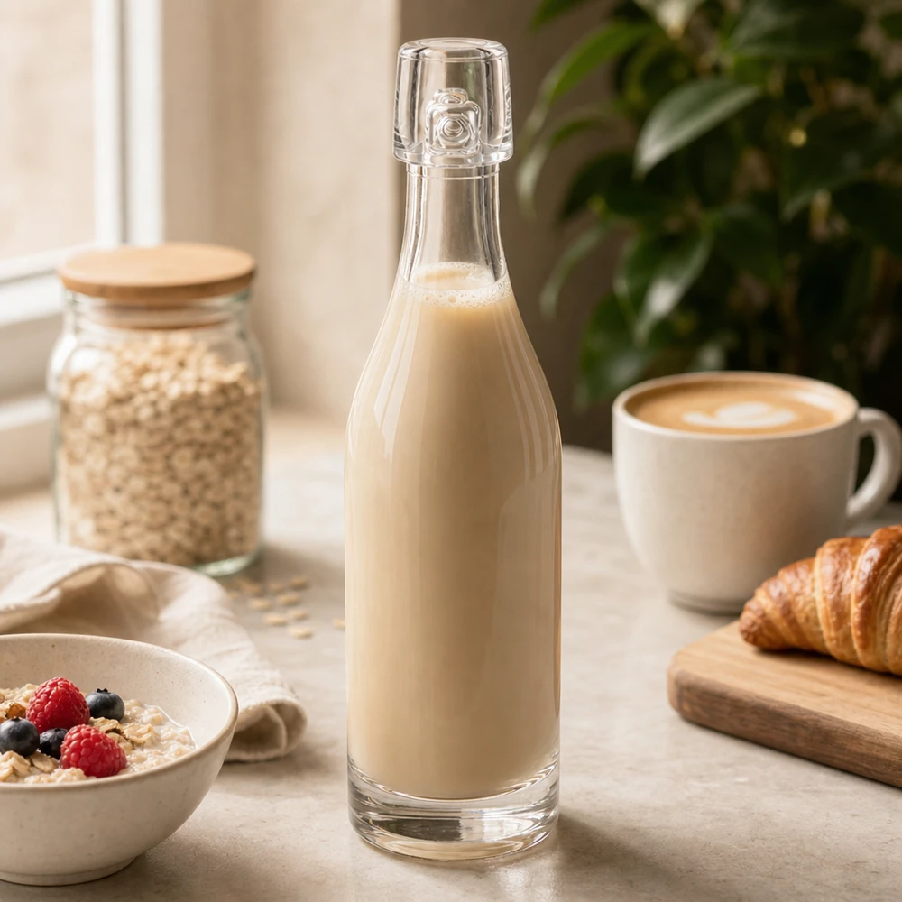 Bottiglia di vetro da 50 ml di UNiTWIST riempita di latte d'avena tra gli ingredienti della colazione Ciotola per cereali e croissant Tavolo da cucina