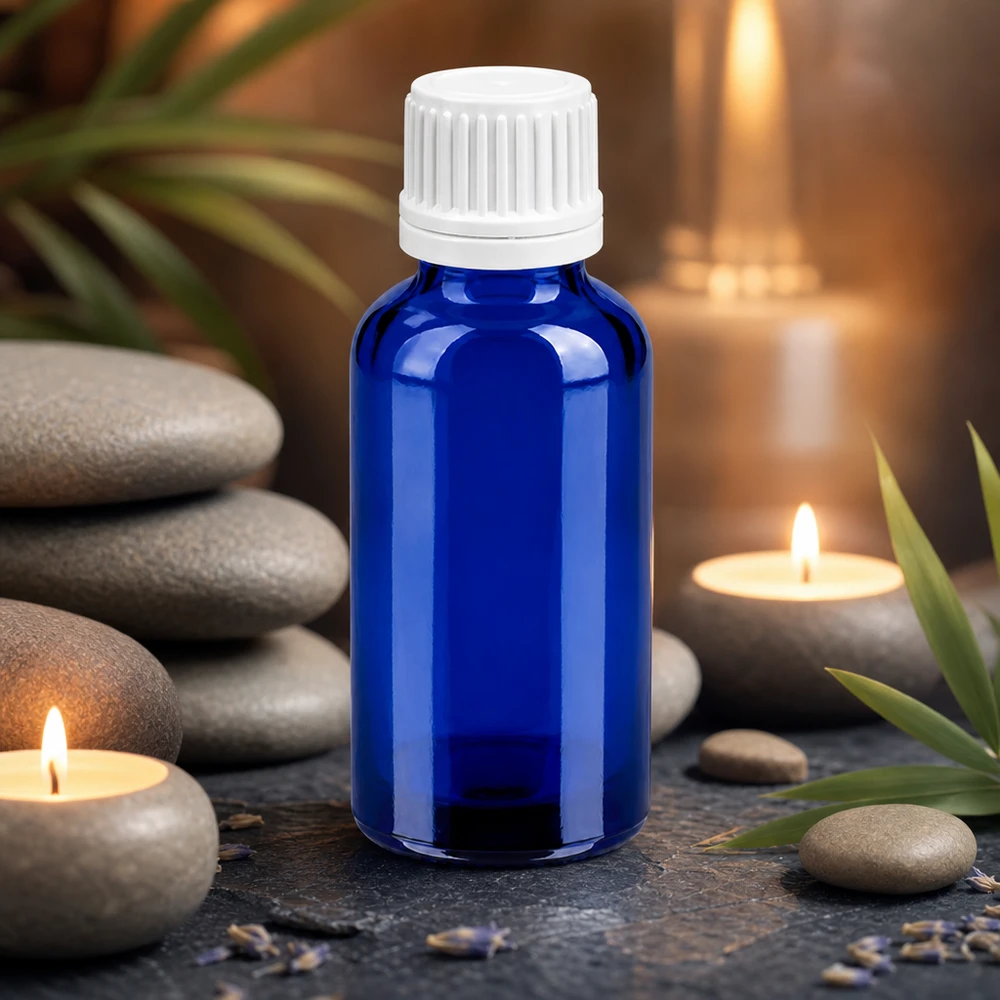 Pratico flacone in vetro blu da 30 ml per la conservazione sicura di sostanze sensibili alla luce