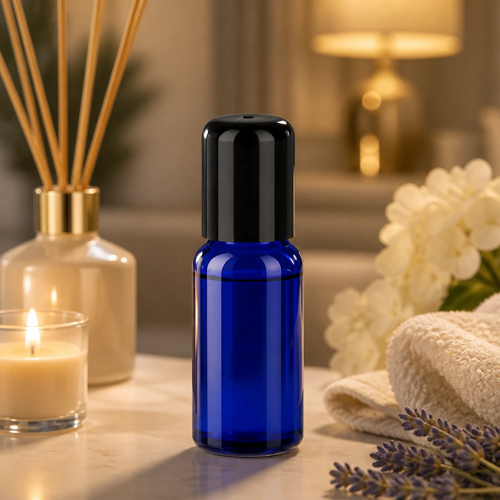 Flacone roll-on di precisione da 20 ml in blu intenso per l'applicazione spot di prodotti per la cura del corpo