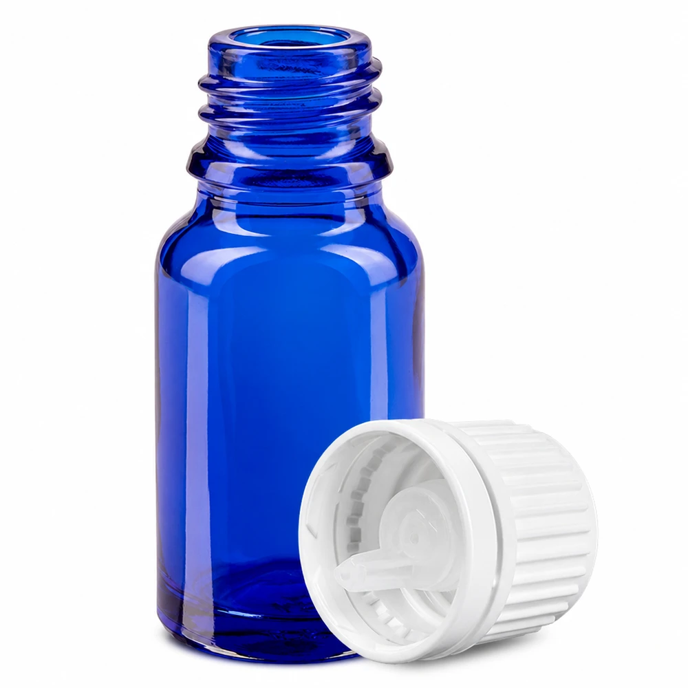 Flacone contagocce da 10 ml 0,7 mm bianco OV BlueLine UT18/10 Flacone compatto da 10 ml in vetro blu con sistema di gocciolamento preciso per oli essenziali e tinture