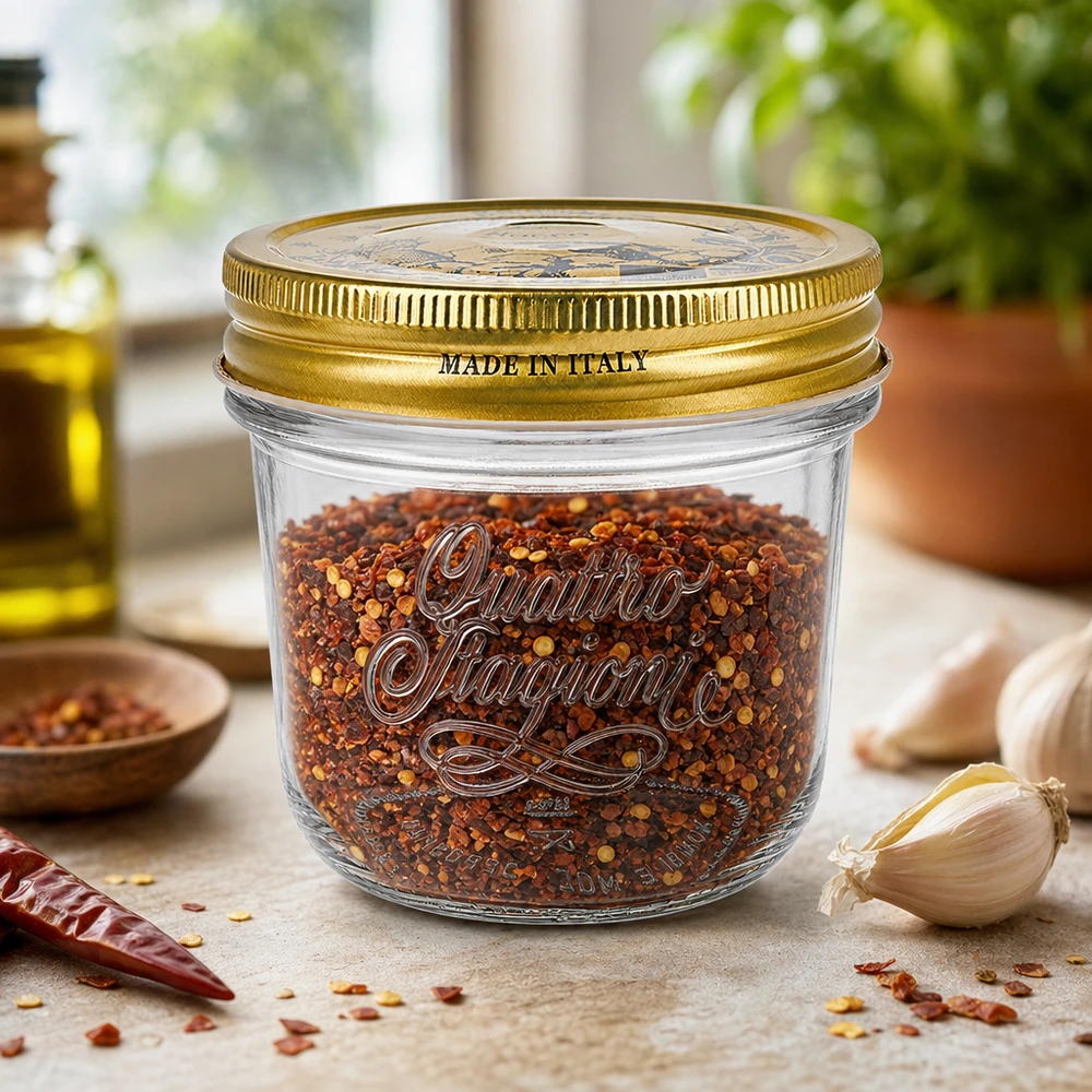 Bicchieri "Quattro Stagioni" da 200 ml con coperchio Bicchieri Quattro Stagioni da 200 ml con coperchio dorato riempiti di miscela di spezie al peperoncino Made in Italy sul piano di lavoro della cucina.