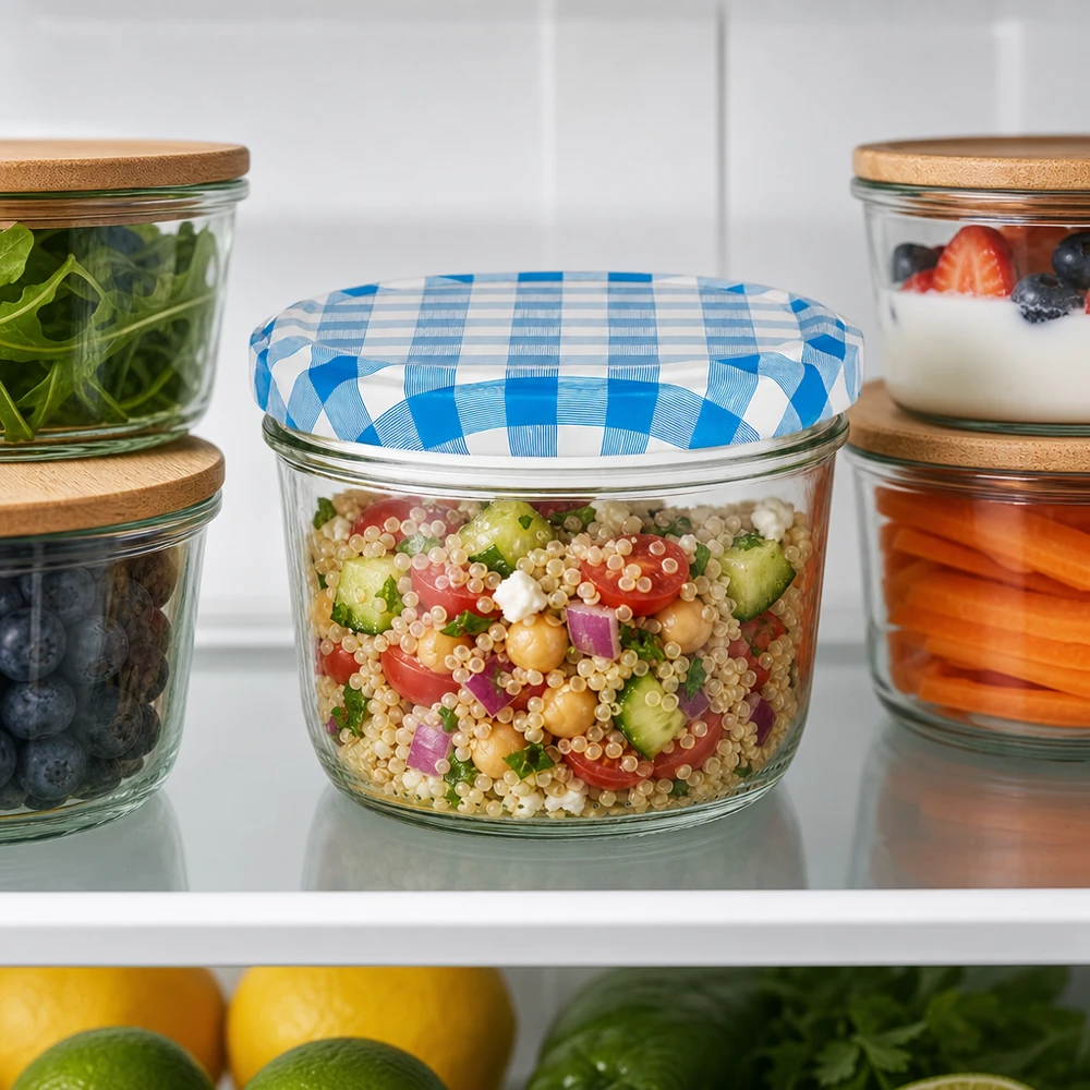 Barattolo di vetro da 230 ml con coperchio BasicSeal blu e bianco come contenitore per l'insalata di quinoa nel frigorifero.