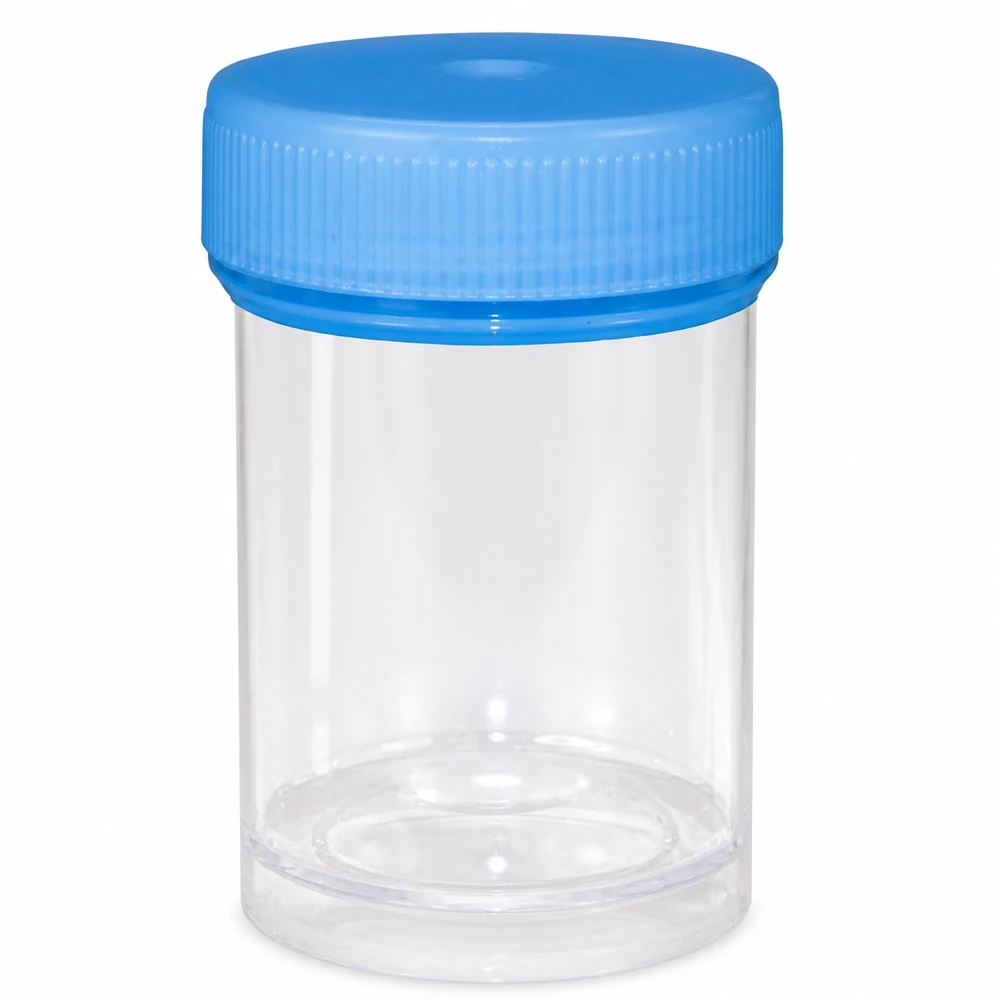 Pot en plastique multiusage de 35 ml Tube à échantillon stérile de 35 ml en plastique transparent avec un bouchon bleu, destiné aux échantillons d'urine