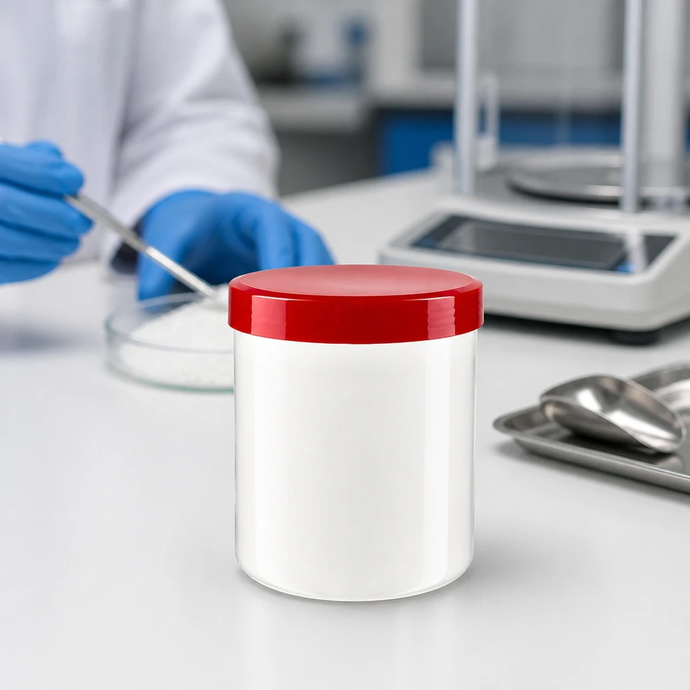 Pot à pommade de 10 g, de forme cylindrique, blanc avec un couvercle rouge, destiné aux secteurs cosmétique et pharmaceutique