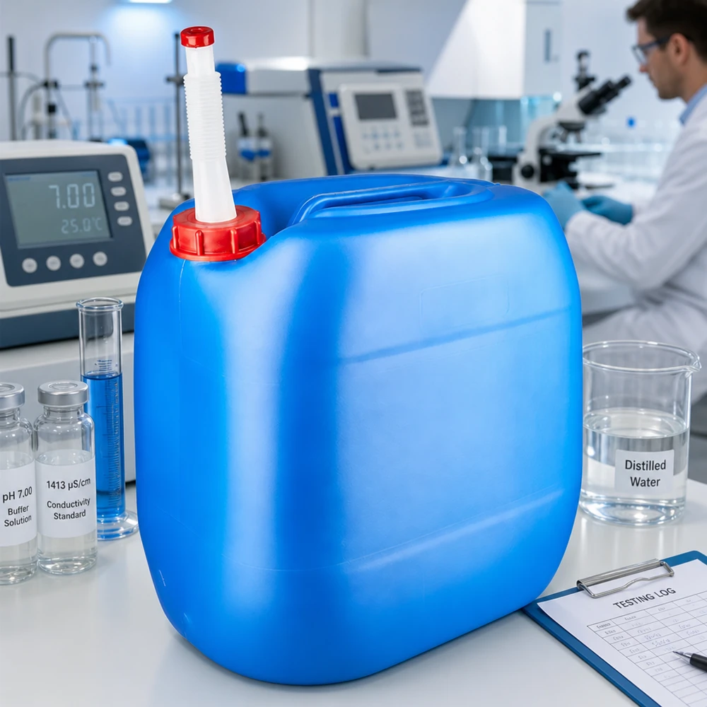 Bidon 30 litres bleu avec tube de vidange Flex Bidon de laboratoire bleu de 30 L avec bec verseur flexible, accompagné d'une solution tampon de pH et d'un étalon de conductivité