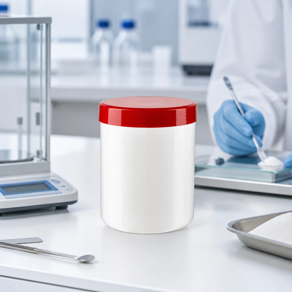 Pot à onguent blanc 75 g avec couvercle rouge (PP) Pot en plastique robuste de 75 g pour préparations magistrales, muni d'un couvercle à vis rouge étanche