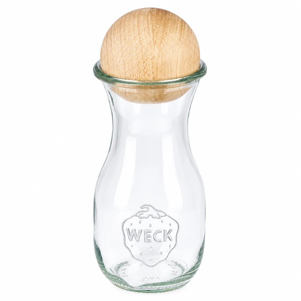 Bottiglia per succhi di frutta da 290 ml WECK RR60 con sfera in legno di faggio Bottiglia per succhi di frutta WECK 290ml RR60 in vetro con sfera in legno di faggio come tappo, design classico per bevande