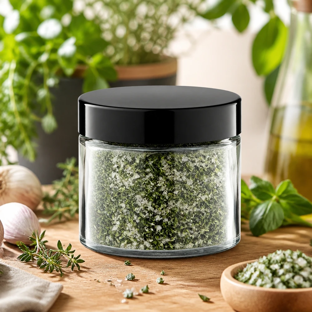 Idea per le spezie: barattolo in vetro trasparente da 30 ml con tappo a vite Vasetto di vetro richiudibile da 30 ml con timo essiccato e sale su base di legno