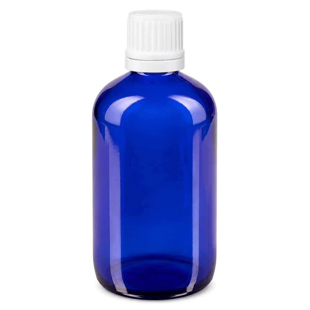 Flacon de pharmacie bleu 100ml bouchon compte-gouttes 1.2mm blanc bouchon inviolabilité Flacon de pharmacie en verre bleu de 100 ml, muni d'un bouchon d'inviolabilité blanc et d'un compte-gouttes de 0,7 mm
