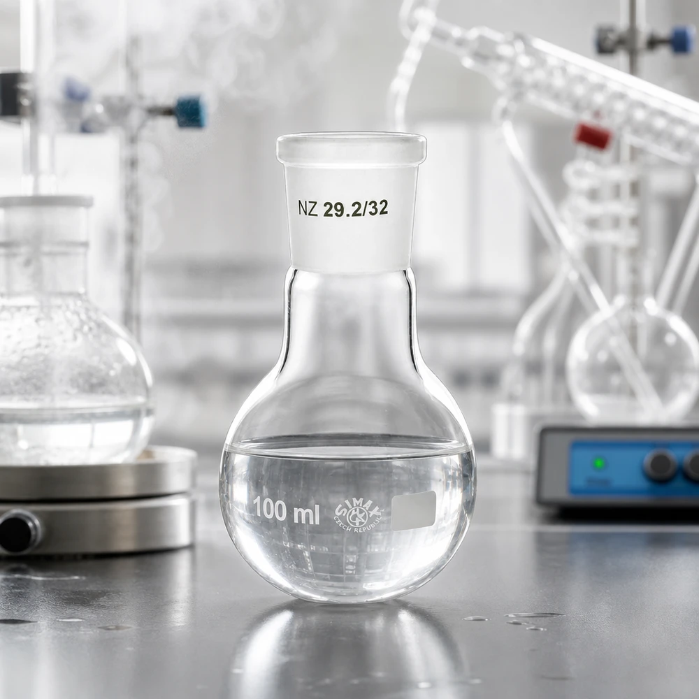 Matraccio da 100 ml con giunto standard smerigliato (29/32) Matraccio da laboratorio graduato da 100 ml con marcatura del volume e giunto rettificato standard 29/32