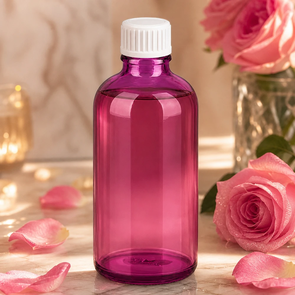 Elegante flacone in vetro viola da 100 ml ideale per sieri e principi attivi concentrati
