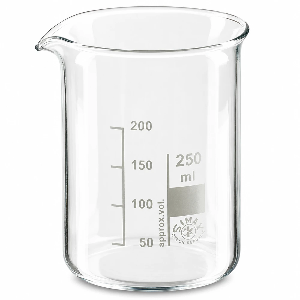 Bicchiere da laboratorio da 250 ml di forma bassa in vetro borosilicato con scala millilitrica precisa