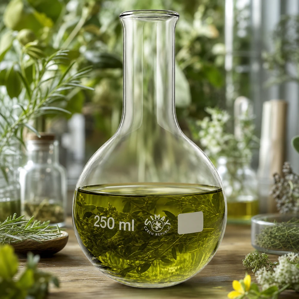 Pallone da 250 ml a collo stretto Fiaschetta in piedi da 250 ml a collo stretto con liquido verde oro davanti a uno sfondo verde di piante