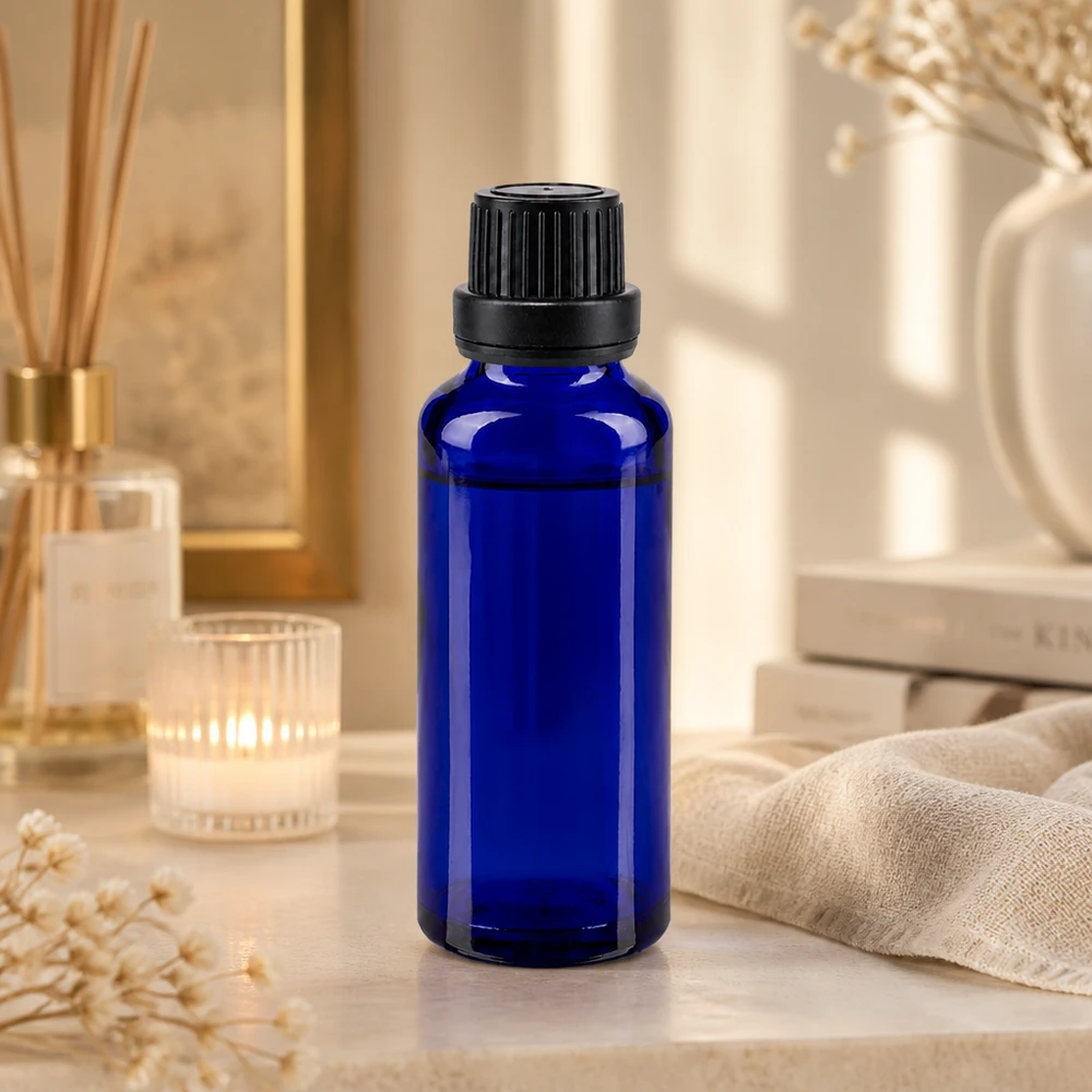 Apothekenflasche blau 30ml Schraubverschluss schwarz Dichteinlage Originalitätsverschluss Apothekerflasche aus kobaltblauem Glas 30ml mit schwarzem Verschluss für Kosmetikherstellung