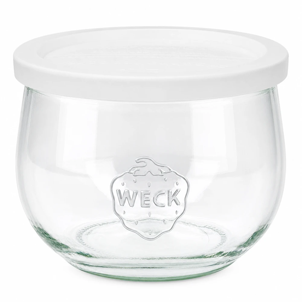 Vasetto a tulipano da 580 ml con coperchio salvafreschezza WECK RR100 WECK vaso a tulipano 580ml con coperchio bianco freschezza RR100 vaso per conserve trasparente con logo WECK