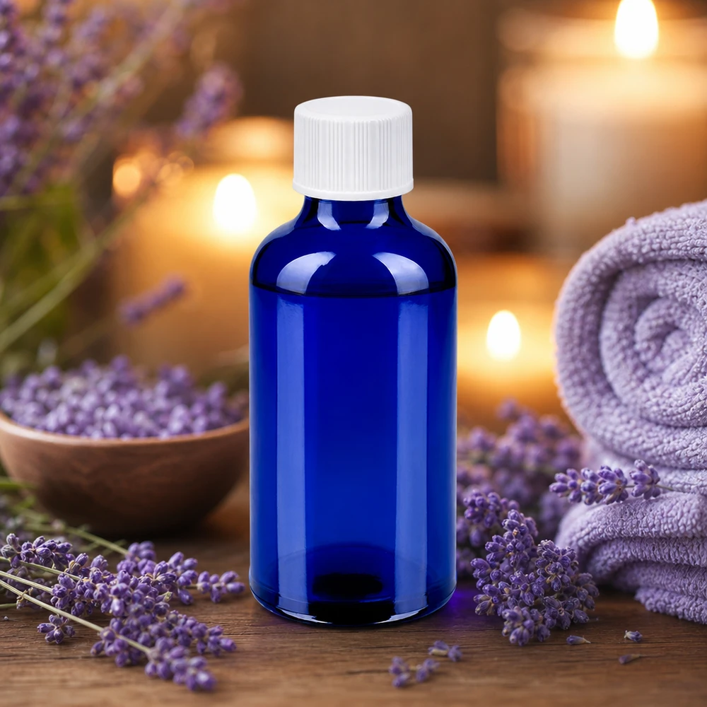 Elegante flacone blu cobalto da 50 ml con tappo SV bianco per essenze di alta qualità