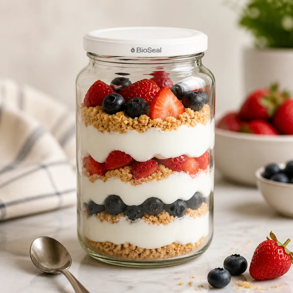 UNiTWIST Runda382 come vaso da dessert - yogurt a strati con frutti di bosco e granola in un vaso da conserva BioSeal