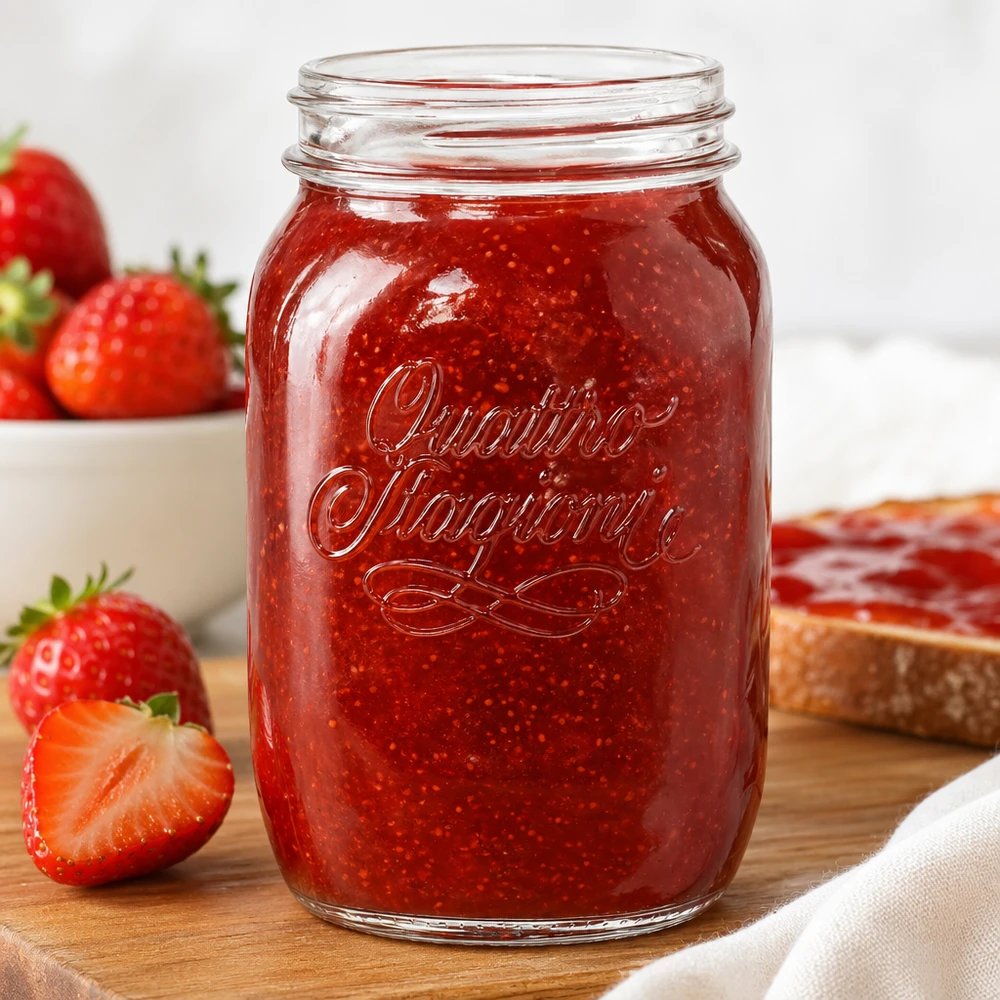 Vaso domestico "Quattro Stagioni" da 1000 ml Quattro Stagioni vaso domestico da 1000 ml riempito di marmellata di fragole rosse accanto a fragole fresche su una tavola di legno