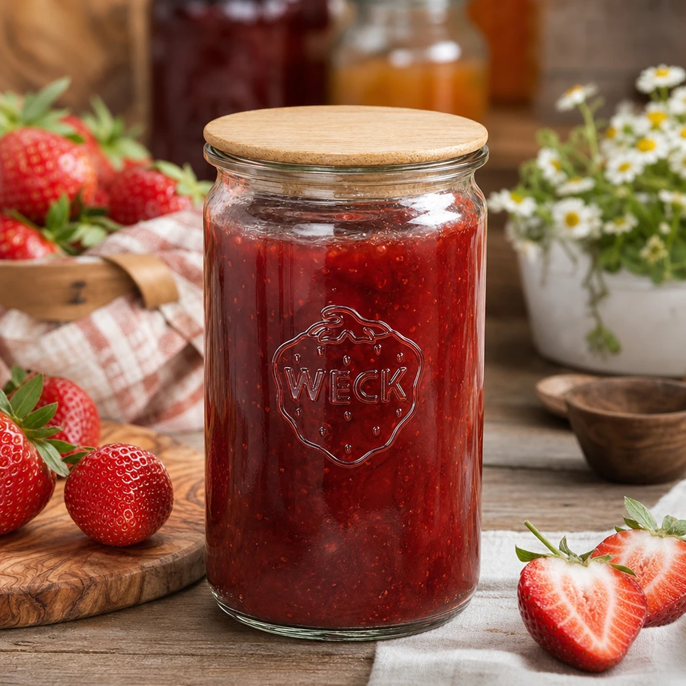 340ml Zylinderglas WECK RR60 mit Holzdeckel WECK Vorratsglas 340ml gefüllt mit Erdbeermarmelade neben frischen Erdbeeren auf rustikalem Holztisch
