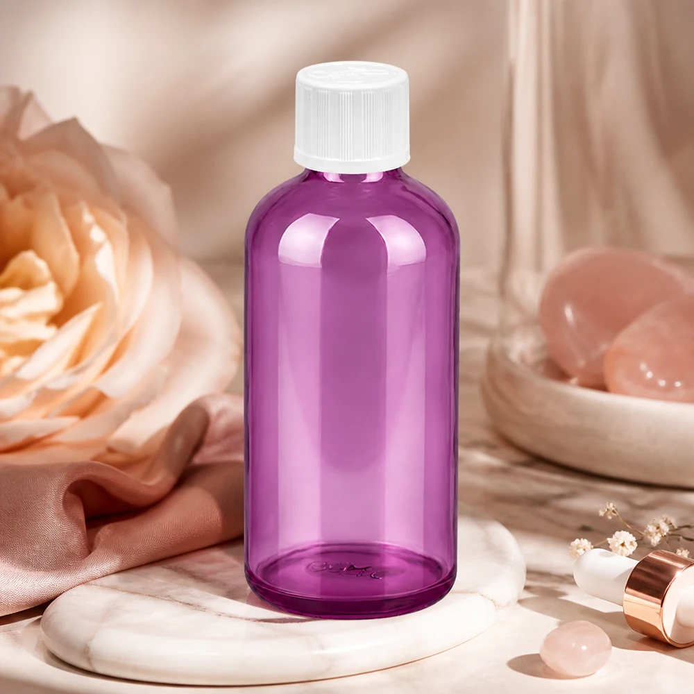 100ml Tropfflasche 1.2mm weiß Standard Kindersicher PurpleLine. UT18/100 Funktionale Glasflasche 100ml mit Tropfverschluss in Purple für laborpräzise Dosierung