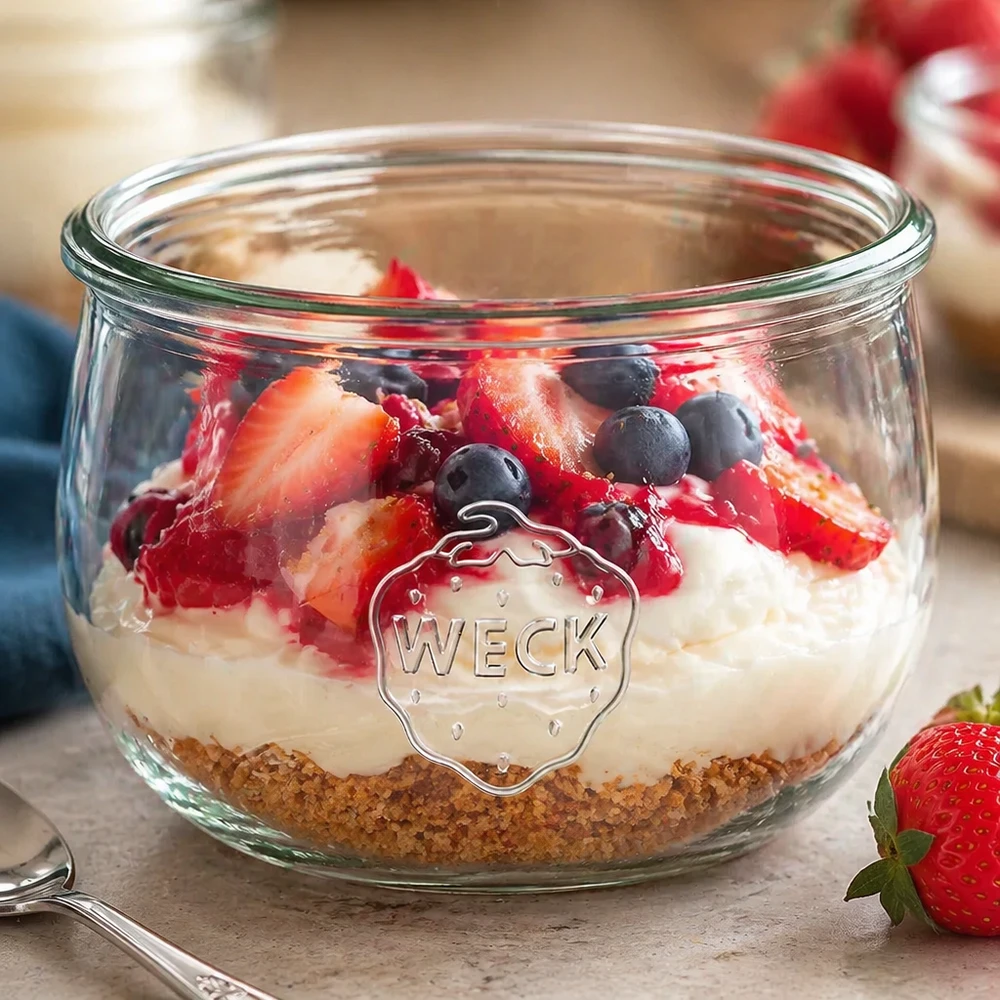 Vaso a tulipano WECK RR100 da 580 ml WECK vaso a tulipano da 580 ml RR100 con dessert a strati di crema a base di biscotti e frutti di bosco freschi fragole mirtilli