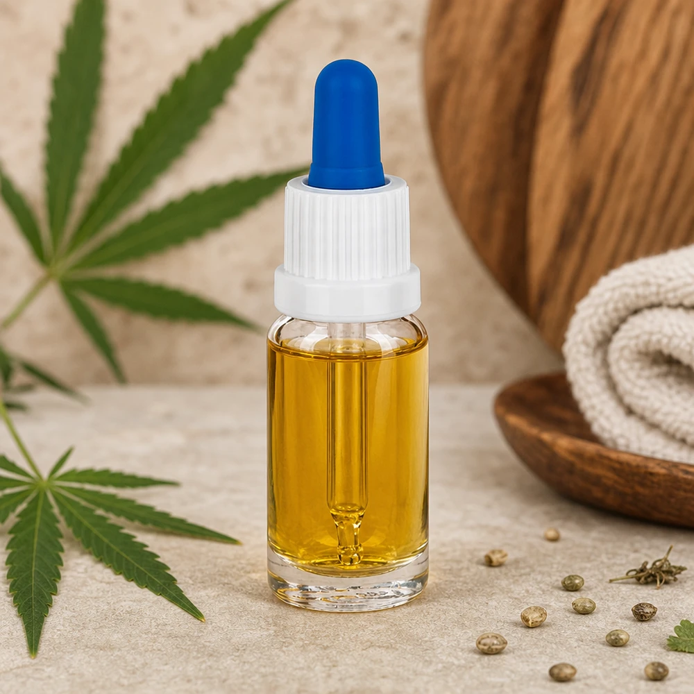 Flacone con pipetta in vetro trasparente da 10 ml contenente olio di CBD, foglie di cannabis e semi di canapa