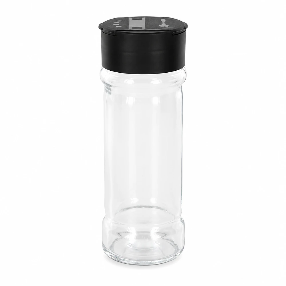 Pot à sel/épices 100 ml avec double saupoudreuse, noir Kompaktes Salz- und Gewürzglas aus Glas 100ml mit praktischem Doppelstreuerdeckel schwarz
