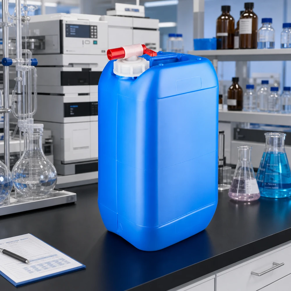 Blauer 15L Industriekanister mit rotem Auslaufventil für sichere Flüssigkeitsentnahme