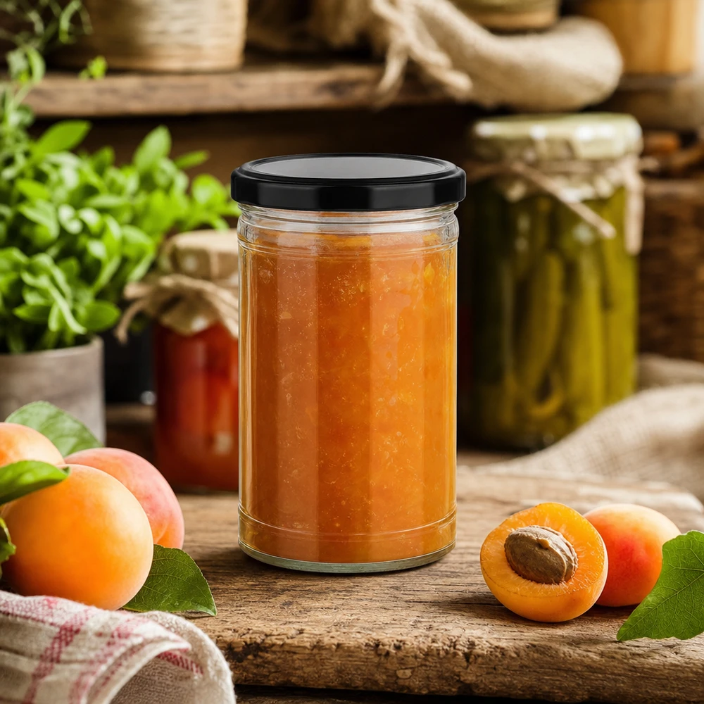 Barattolo da 1053 ml con coperchio nero riempito di marmellata di albicocche in cucina rustica con frutta fresca