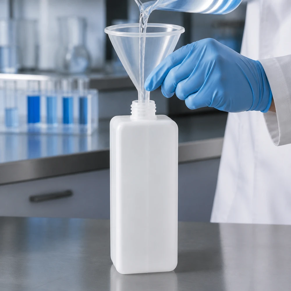 Transvaser des produits chimiques en toute sécurité à l'aide d'un flacon à col étroit en PE-HD de 1 000 ml, GL 32, et d'un entonnoir de laboratoire