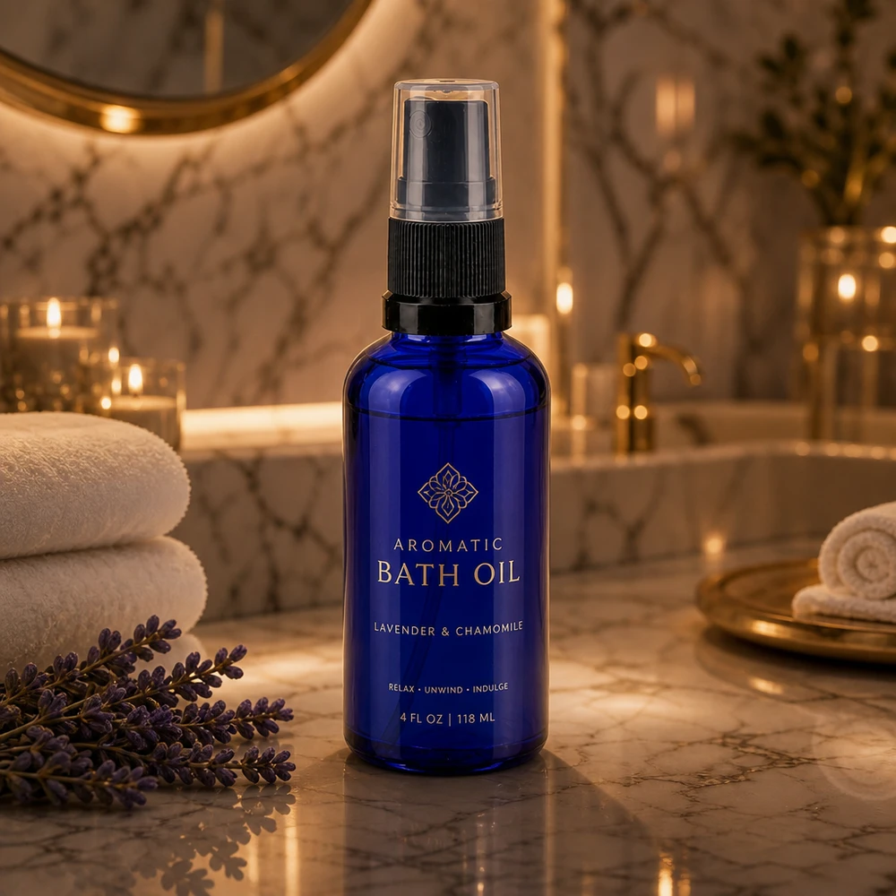 Hochwertige kobaltblaue 50ml Glasflasche mit schwarzem Sprühkopf für Entspannungsbäder