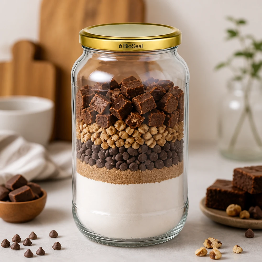 UNiTWIST Runda1062 Barattolo a strati per brownie mix cioccolato noci TO82 BioSeal coperchio oro barattolo per la conservazione di mix da forno