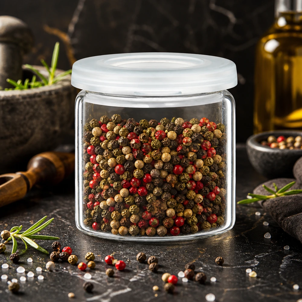 Idea barattolo per spezie: barattolo per compresse da 5ml (barattolo con bordo arrotolato) in vetro trasparente Barattolo trasparente per spezie con coperchio a vite bianco e grani di pepe misti su sfondo nero